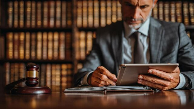 Lawyer Analyzing Case Data on Tablet in Library Filled with Law Books, Showcasing Blend of Tradition and Technology for Legal Analysis