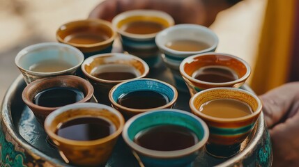 Traditional Cups of Tea on a Decorative Tray Outdoor Gathering