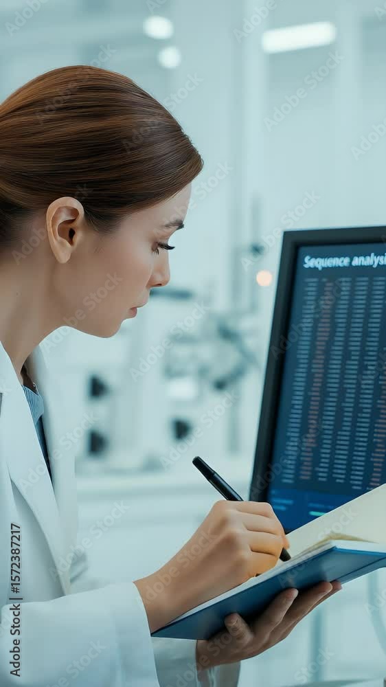 Poster scientist research and analysis: an intelligent, focused scientist meticulously analyzes data on a c