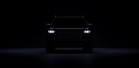 Fototapeta premium Sleek SUV, front view, glowing headlights, presented in stark contrast against a dark background, radiating elegance and sophistication.