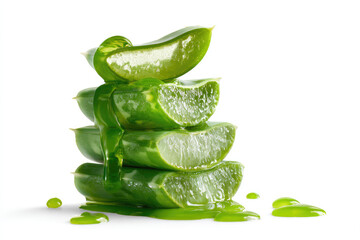 Fototapeta premium Stack of Aloe vera sliced with gel dripping isolated on white background