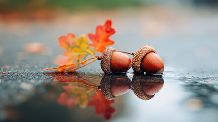Two acorns with autumn oak leaf lying on wet surface with reflection in water. Macro shot with shallow depth of field.