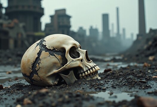 A human skull lies on the ground in a desolate industrial wasteland, a grim symbol of human extinction, a post-apocalyptic future, and the consequences of environmental disaster