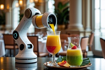 Automated Robotic Arm Serving Colorful Tropical Juice in a Stylish Dining Environment