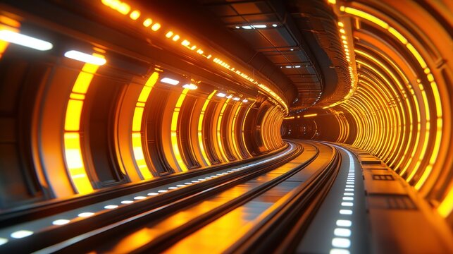 Fototapeta Futuristic tunnel with orange lights and moving walkway