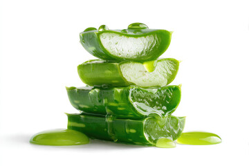 Stack of Aloe vera sliced with gel dripping isolated on white background