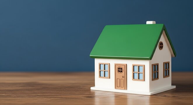 Small white house model with green roof on wooden surface, symbolizing home ownership, real estate, and cozy living. - Powered by Adobe