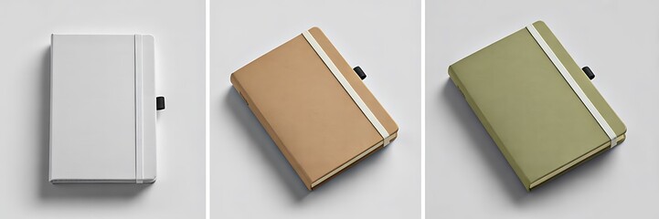 Top view of three hardcover notebooks with pen holders in white brown and green colors
