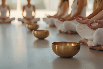 Group meditation with singing bowls in a serene space. Peaceful wellness and mindfulness retreat. Harmony and balance through sound and movement.