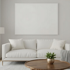A modern living room features a white couch with pillows, light gray walls, a large white framed painting, and a small plant on the coffee table.