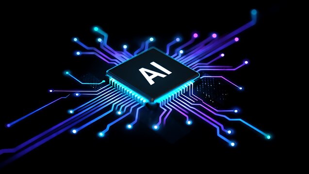 AI CPU Chip with Glowing Circuit Paths, Artificial Intelligence Computer Core Visualized, Futuristic AI Processor with Fluorescent Connections on Black Background