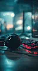 Close-up of gaming headphones, keyboard, and monitor in a dimly lit gaming setup