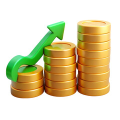 3d growth arrow over coin stacks isolated on transparent background