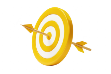 Yellow and white target with an arrow precisely hitting the bullseye center isolated on transparent background