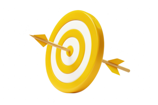 Yellow and white target with an arrow precisely hitting the bullseye center isolated on transparent background
