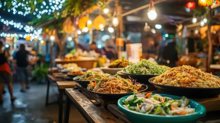 Fototapeta premium Vibrant Food Stall at Night Market with Colorful Dishes Displayed