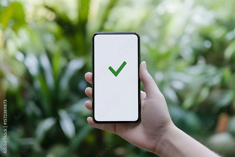 Poster confirmation check: hand holding a smartphone displaying a green checkmark on its screen, signifying