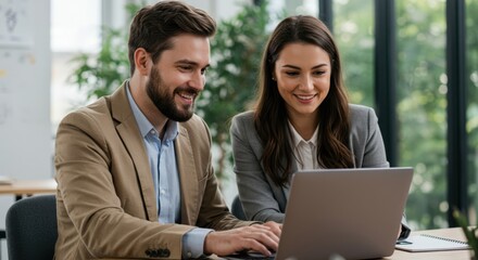 Smiling colleagues collaborate effectively on a laptop in a modern office environment with natural light