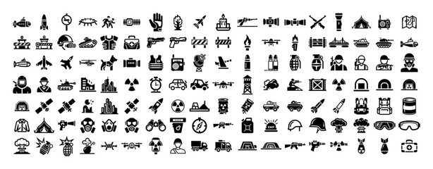 large bundle of military weapon and hazard glyph icons
