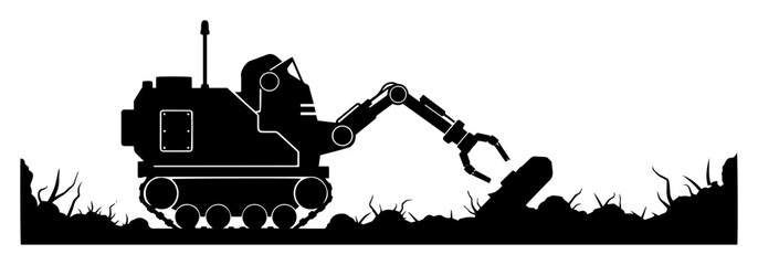 tracked sapper robot clearing debris silhouette vector illustration © Camel