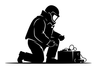 sapper in protective suit demining bomb silhouette vector illustration