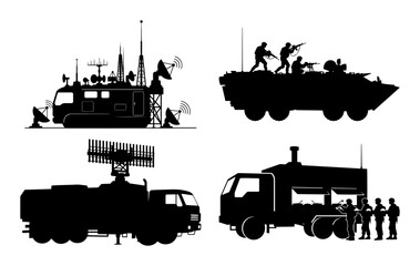 Obraz premium military vehicles and equipment silhouette set vector