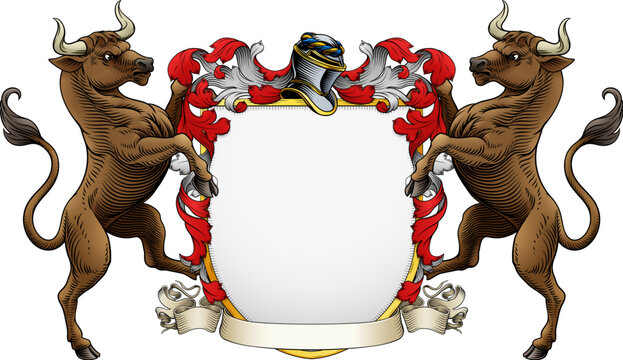 Bull coat of arms or crest family heraldry medieval heraldic knight shield with helmet and acanthus filigree scroll ornament. In a vintage woodcut style.