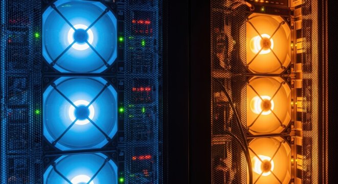 Server cooling fans are spinning and emitting blue and orange lights, indicating ongoing data processing and heat dissipation within a server rack