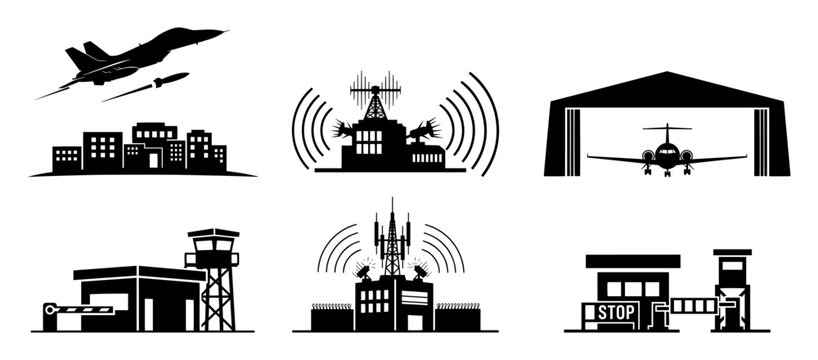 military infrastructure and air force icon set vector