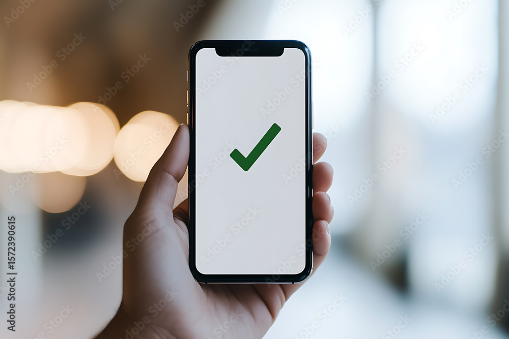 Poster smartphone with confirmation mark. the checkmark on a mobile device's screen is a clear symbol of ap