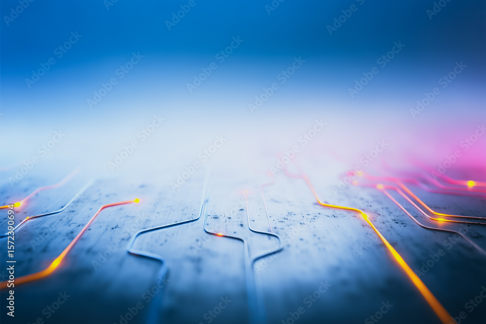 Poster circuit board design: an abstract close-up of a vibrant circuit board, showcasing intricate pathways