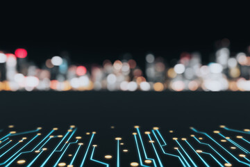 Cyber Cityscape: A mesmerizing digital rendering of a modern metropolis blends seamlessly with cutting-edge circuit board patterns. This image speaks to innovation, technology.