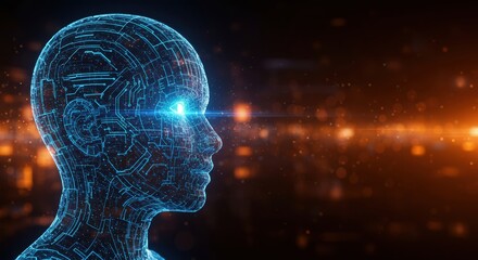 Futuristic ai consciousness represented by a glowing blue digital human head with intricate circuitry and a bright insightful eye
