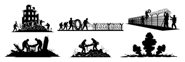 war operations and disaster recovery silhouette icon set