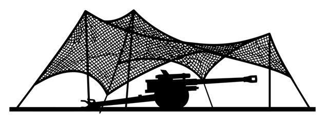 heavy cannon concealed under large camouflage net silhouette © Camel