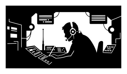 military radio operator in command center silhouette