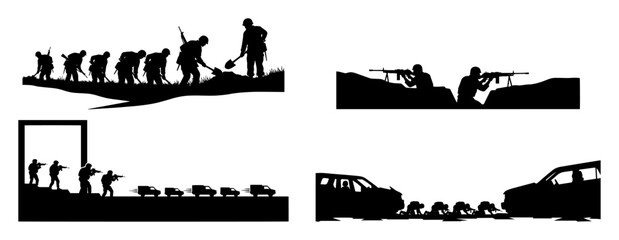 Naklejka premium war military soldiers silhouettes set vector