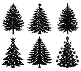 Grass and Wheat Silhouettes in Snowy Pine Forest Landscape Vector.