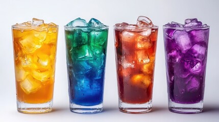 Vibrant Glasses of Colorful Beverages with Ice Cubes