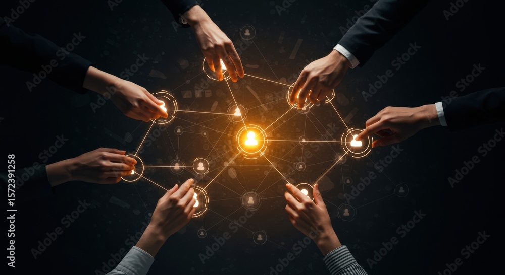 Poster diverse hands connect to a glowing network of people icons symbolizing collaboration and digital com