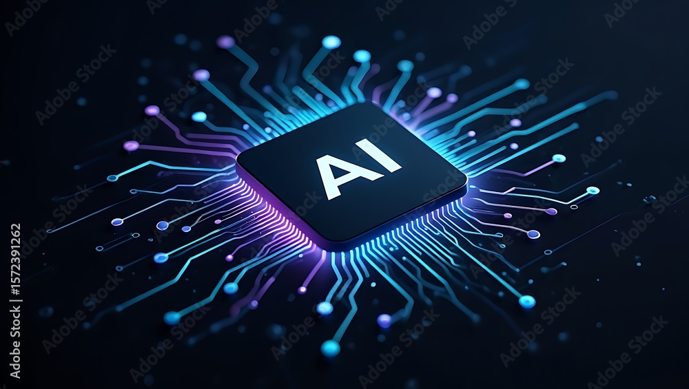 Poster artificial intelligence chip with glowing circuit paths, ai concept design with futuristic circuit b