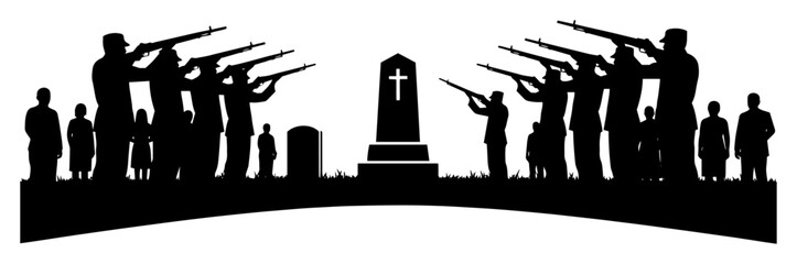 military funeral with honor guard gun salute at grave vector silhouette