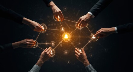 Diverse hands connect to a glowing network of people icons symbolizing collaboration and digital communication