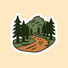 Scenic Forest Trail with Mountain Cartoon Illustration