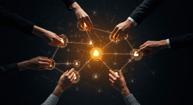 Diverse hands connect to a glowing network of people icons symbolizing collaboration and digital communication