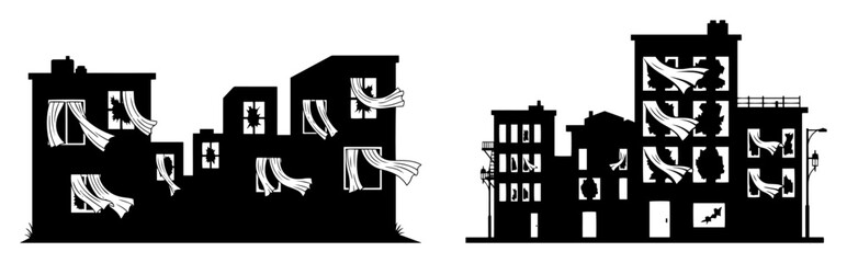 ruined city street after war destroyed buildings silhouette