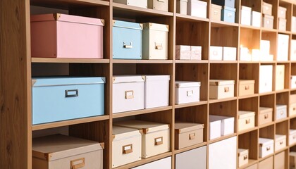 Wooden shelving unit filled with colorful storage boxes