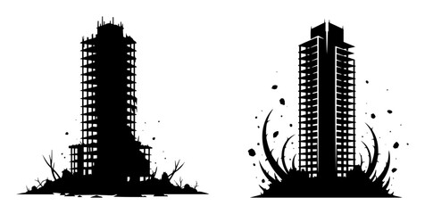 destroyed skyscraper building ruins silhouette set vector