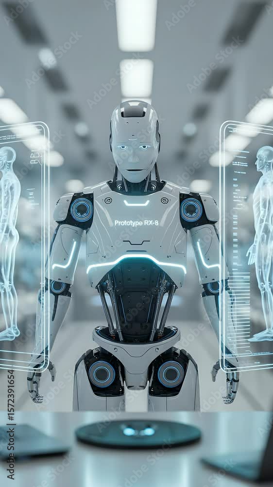 Poster advanced robot in lab: an advanced humanoid robot stands in a state-of-the-art laboratory, surrounde