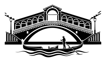 venice rialto bridge with gondola on canal vector silhouette © Camel